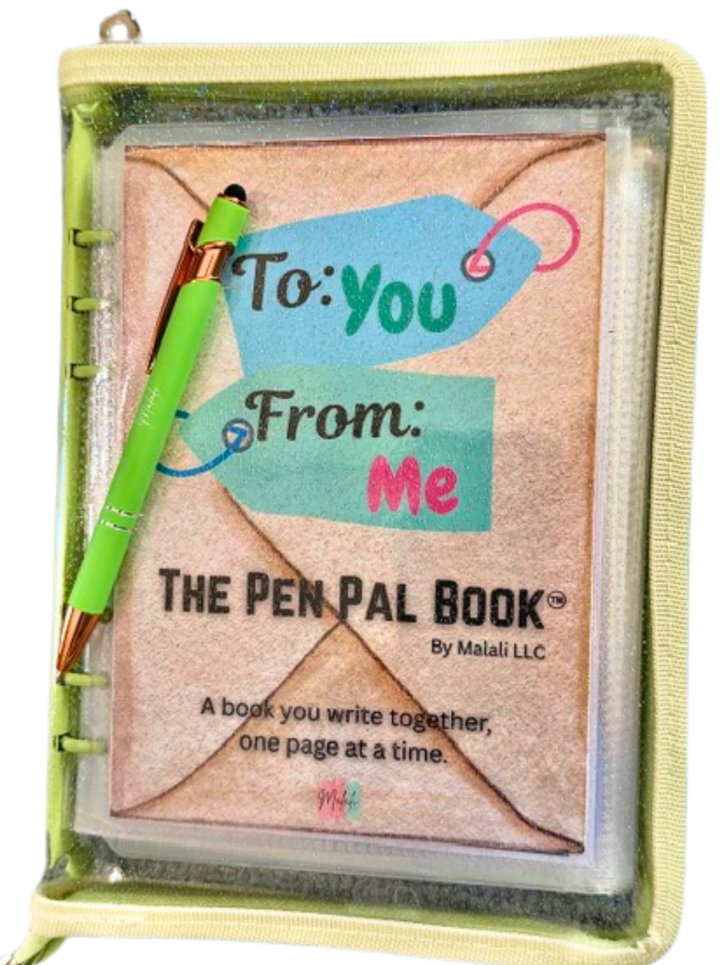 GREEN Pen Pal Book with a pen, packaging visible