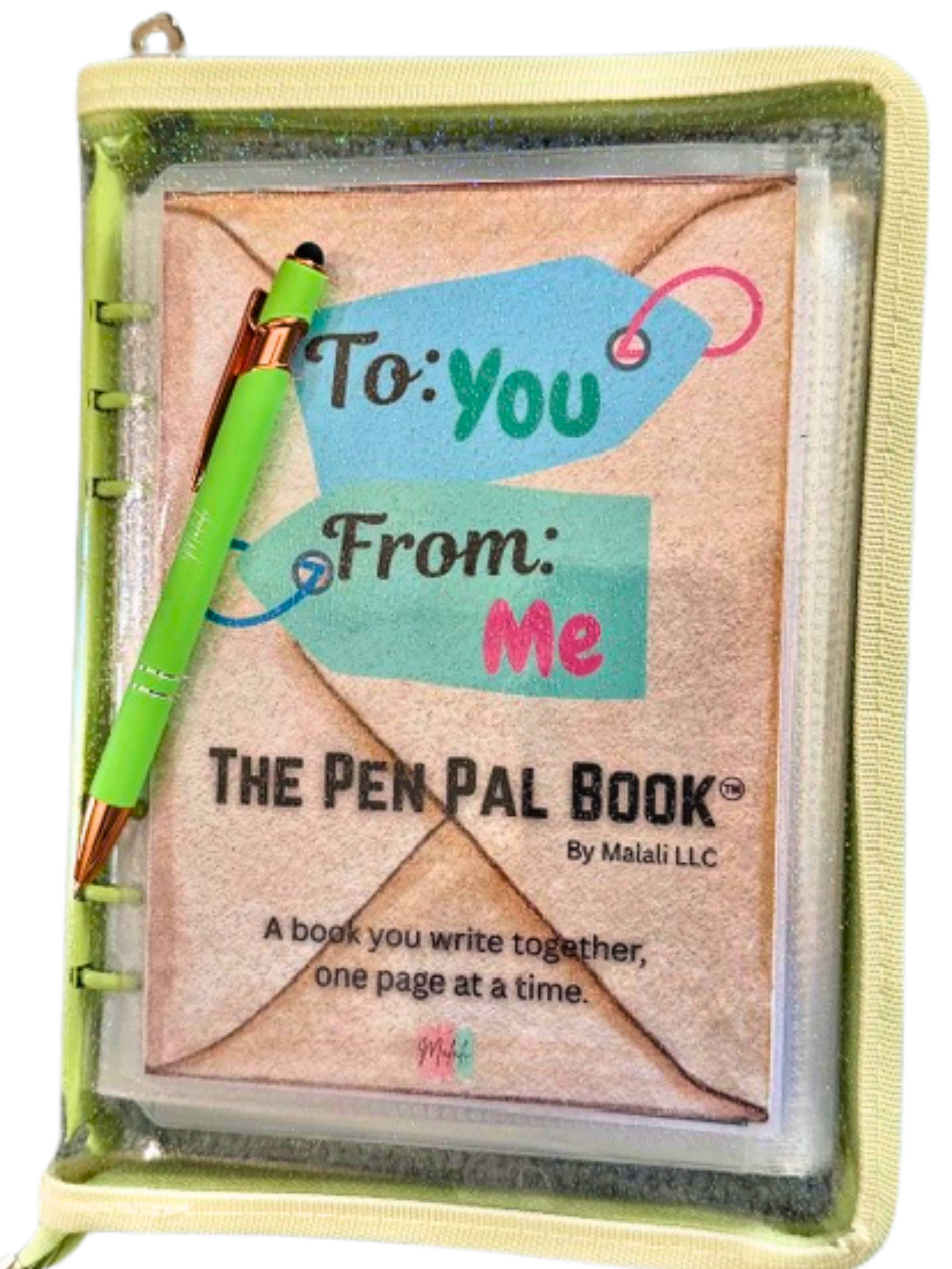 GREEN Pen Pal Book with a pen, packaging visible