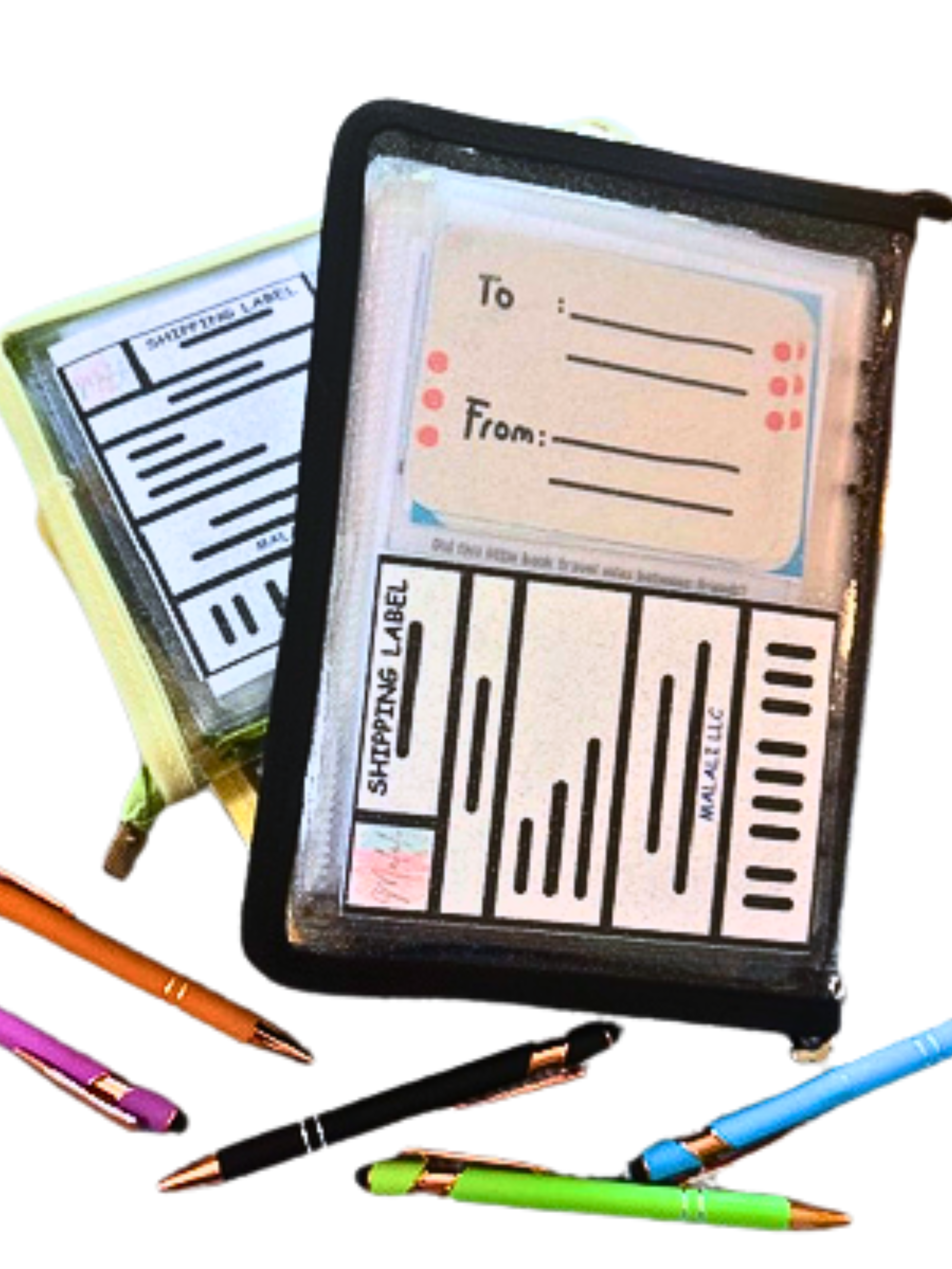 Pen Pal Book with shipping label on back cover and colorful pens on a white background