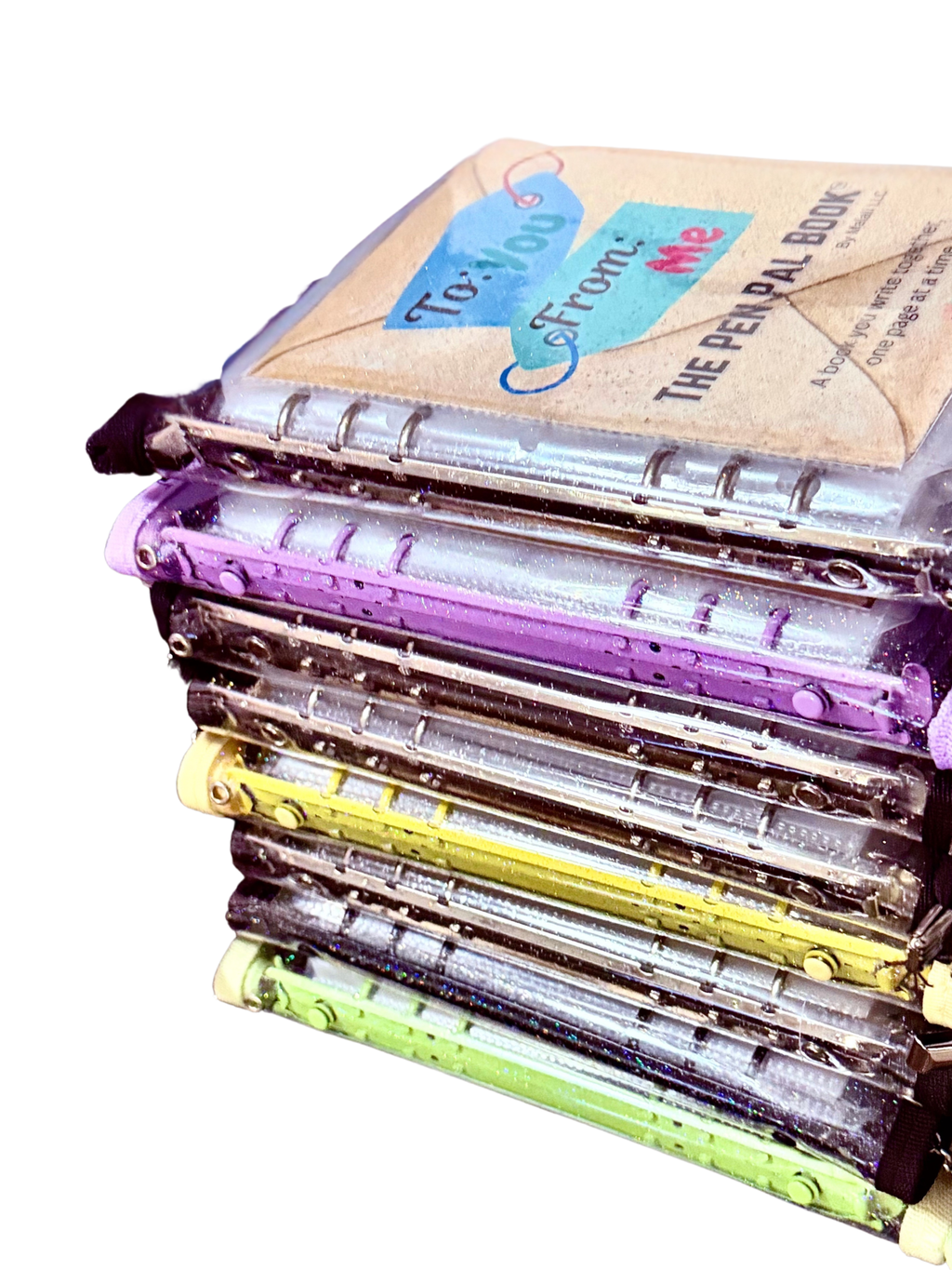Stack of colorful binders with a visible brand logo on a white background
