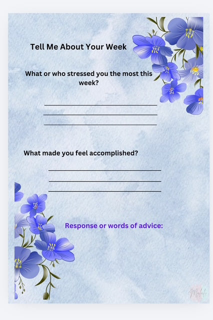Questionnaire with blue floral design on a light blue background