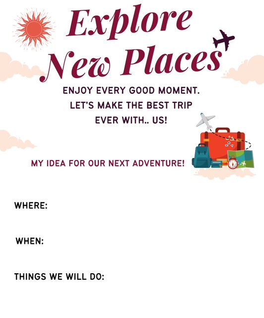 Travel-themed flyer with text 'Explore New Places' and travel-related graphics on a white background.